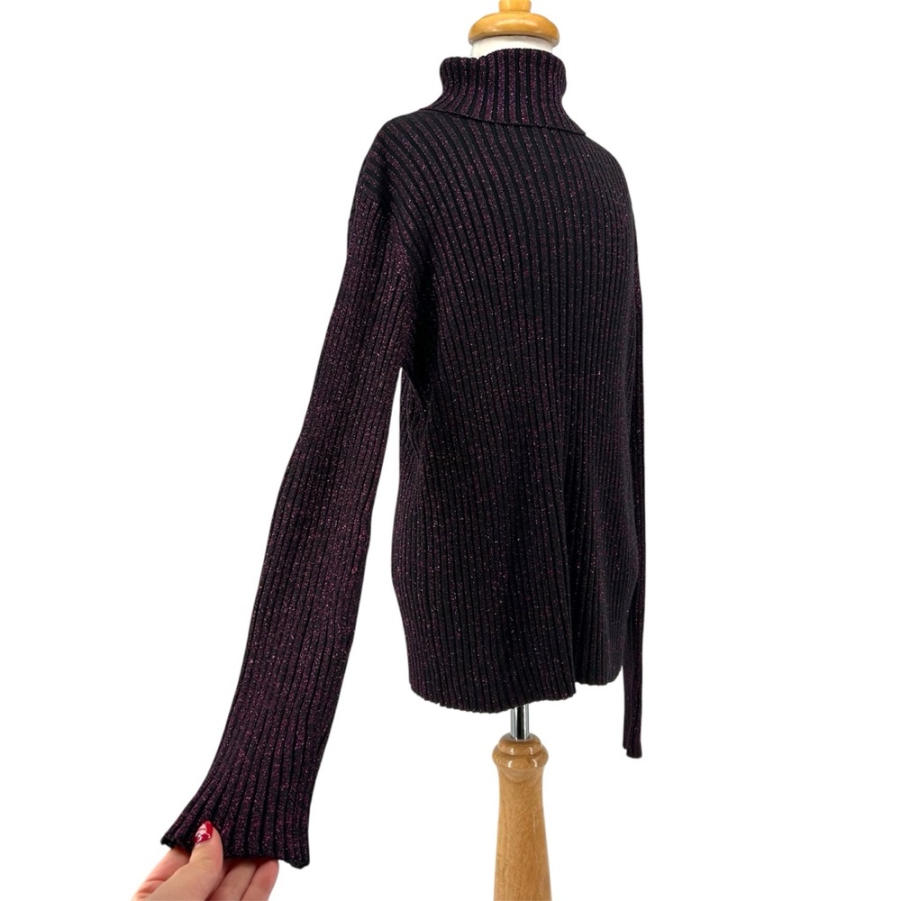 Vtg Y2K New York and Company Black and Purple Metallic Ribbed Turtleneck Sweater - Picture 4 of 11